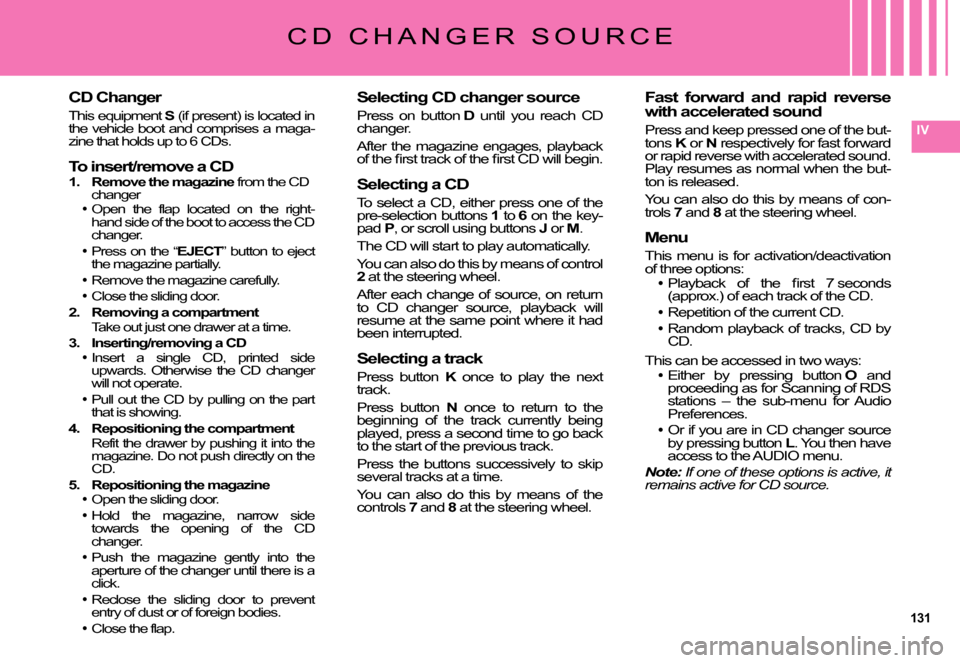 Citroen C5 DAG 2007.5 (DC/DE) / 1.G Owners Manual 131
IV
CD Changer
This equipment S (if present) is located in Sthe vehicle boot and comprises a maga-zine that holds up to 6 CDs.
To insert/remove a CD1.  Remove the magazine from the CD zinechangerOp