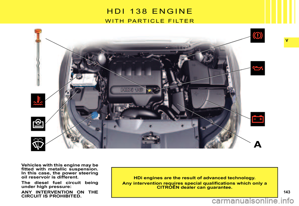 Citroen C5 DAG 2007.5 (DC/DE) / 1.G Owners Manual 143
V
A
H D I   1 3 8   E N G I N E
W I T H   P A R T I C L E   F I L T E R
HDi engines are the result of advanced technology.
�A�n�y� �i�n�t�e�r�v�e�n�t�i�o�n� �r�e�q�u�i�r�e�s� �s�p�e�c�i�a�l� �q�u�