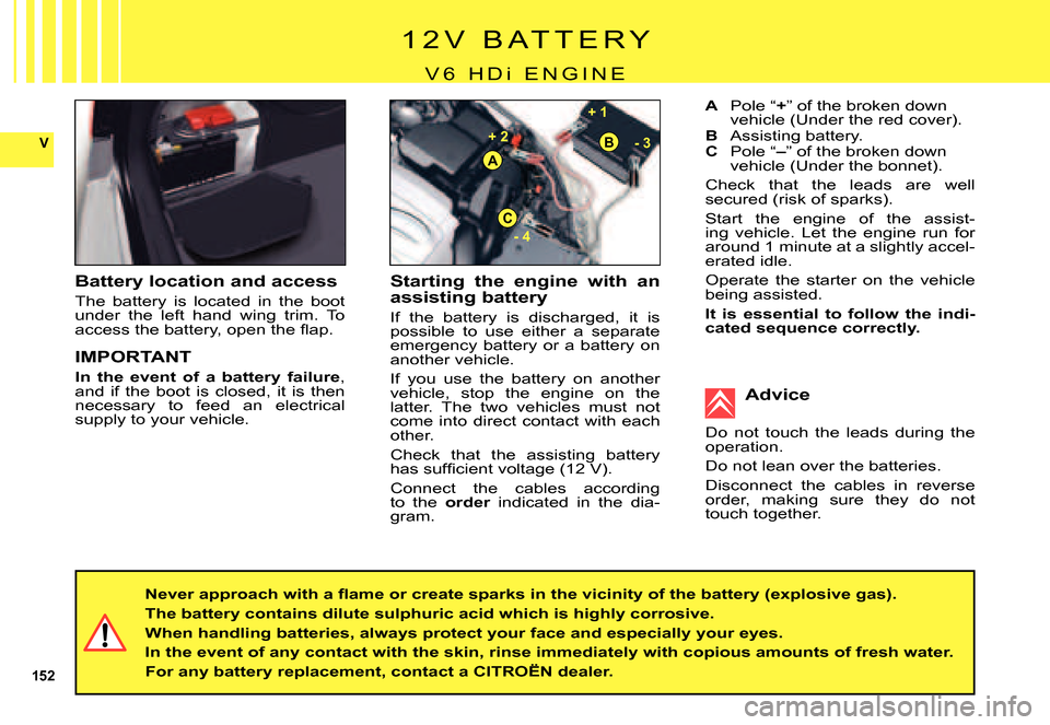 Citroen C5 DAG 2007.5 (DC/DE) / 1.G User Guide 152
V
+ 1 
- 4- 3
 + 2 
A
B
C
1 2 V   B A T T E R Y
V 6   H Di  E N G I N E
Starting  the  engine  with  an assisting battery
If  the  battery  is  discharged,  it  is possible  to  use  either  a  se