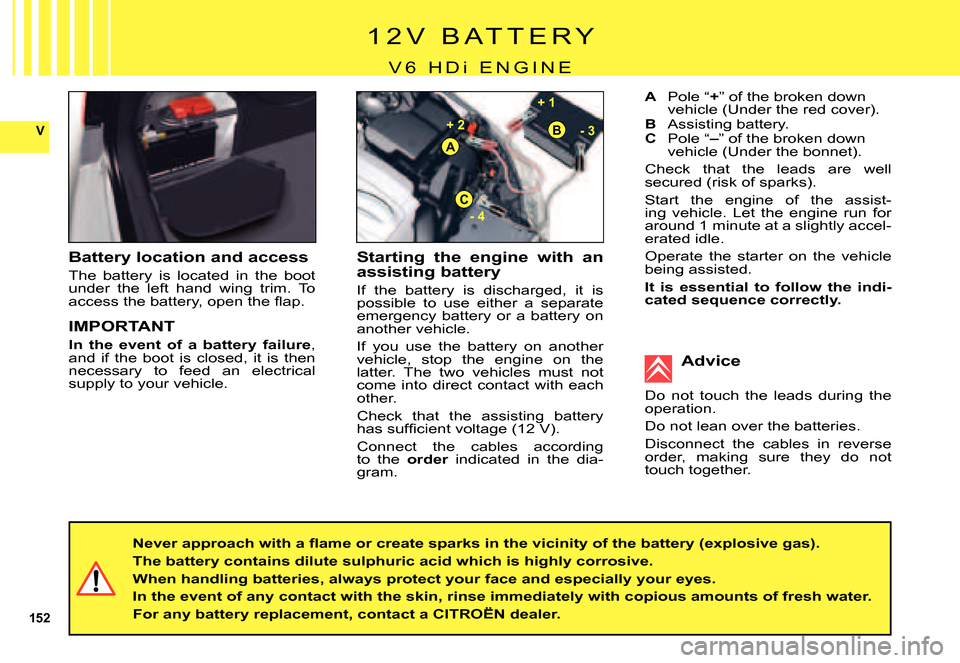 Citroen C5 DAG 2007.5 (DC/DE) / 1.G Workshop Manual 152
V
+ 1
- 4- 3
+ 2
A
B
C
1 2 V B A T T E R Y
V 6 H Di E N G I N E
Starting the engine with an assisting battery
If the battery is discharged, it is possible to use either a se Citroen C5 DAG 2007.5 (DC/DE) / 1.G Workshop Manual 152
V
+ 1
- 4- 3
+ 2
A
B
C
1 2 V B A T T E R Y
V 6 H Di E N G I N E
Starting the engine with an assisting battery
If the battery is discharged, it is possible to use either a se