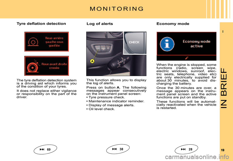 Citroen C5 DAG 2007.5 (DC/DE) / 1.G Owners Manual II
1919
A
IN BRIEF
M O N I T O R I N G
�T�y�r�e� �d�e�ﬂ� �a�t�i�o�n� �d�e�t�e�c�t�i�o�n
This function allows you to display the log of alerts.
Press  on  button A.  The  following messages  appear  