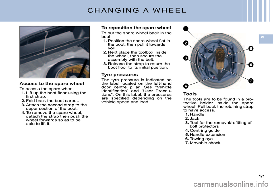 Citroen C5 DAG 2007.5 (DC/DE) / 1.G User Guide 171
VI
3
6
7
1
2
4
5
C H A N G I N G   A   W H E E L
Access to the spare wheel
To access the spare wheel1. �L�i�f�t� �u�p� �t�h�e� �b�o�o�t� �ﬂ� �o�o�r� �u�s�i�n�g� �t�h�e� �ﬁ� �r�s�t� �s�t�r�a�p�