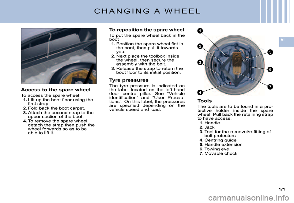 Citroen C5 DAG 2007.5 (DC/DE) / 1.G Owners Manual 171
VI
3
6
7
1
2
4
5
C H A N G I N G   A   W H E E L
Access to the spare wheel
To access the spare wheel1. �L�i�f�t� �u�p� �t�h�e� �b�o�o�t� �ﬂ� �o�o�r� �u�s�i�n�g� �t�h�e� �ﬁ� �r�s�t� �s�t�r�a�p�
