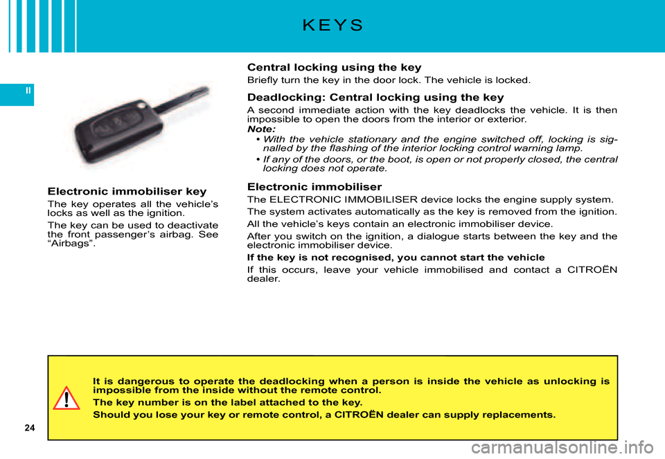 Citroen C5 DAG 2007.5 (DC/DE) / 1.G Owners Manual 24
II
K E Y S
It  is  dangerous  to  operate  the  deadlocking  when  a  person  is  inside  the  vehicle  as  unlocking  is impossible from the inside without the remote control.
The key number is on