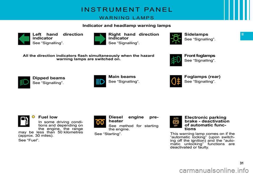 Citroen C5 DAG 2007.5 (DC/DE) / 1.G Owners Manual 31
II
I N S T R U M E N T   P A N E L
W A R N I N G   L A M P S
Left  hand  direction indicator
See “Signalling”.
Right  hand  direction indicator
See “Signalling”.
Sidelamps
See “Signalling