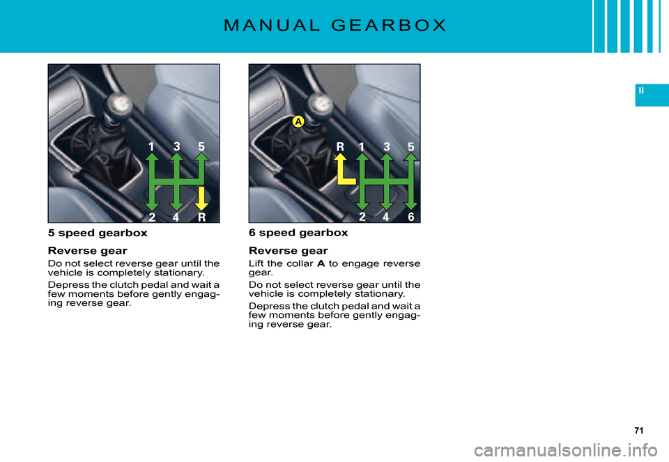 Citroen C5 DAG 2007.5 (DC/DE) / 1.G Owners Manual 71
II
A
M A N U A L   G E A R B O X
5 speed gearbox
Reverse gear
Do not select reverse gear until the vehicle is completely stationary.
Depress the clutch pedal and wait a few moments before gently en