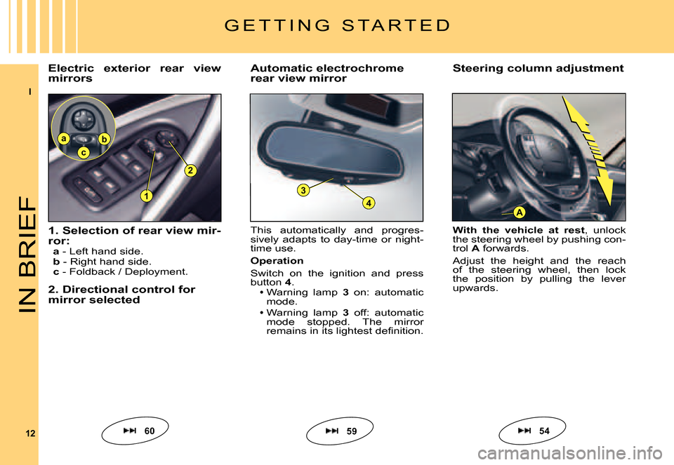 Citroen C5 DAG 2007.5 (DC/DE) / 1.G Owners Manual I
12
A4
31
2
ba
c
IN BRIEF
G E T T I N G   S T A R T E D
Automatic electrochrome rear view mirror
6054
This  automatically  and  progres-sively  adapts  to  day-time  or  night-time use.
Operation
Swi