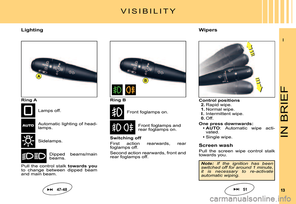 Citroen C5 DAG 2007.5 (DC/DE) / 1.G Owners Manual II
1313
AB
IN BRIEF
LightingWipers
V I S I B I L I T Y
Ring A
Sidelamps.
Dipped  beams/main beams.
Lamps off.
Pull the control stalk towards youto  change  between  dipped  beam and main beam.
Front f