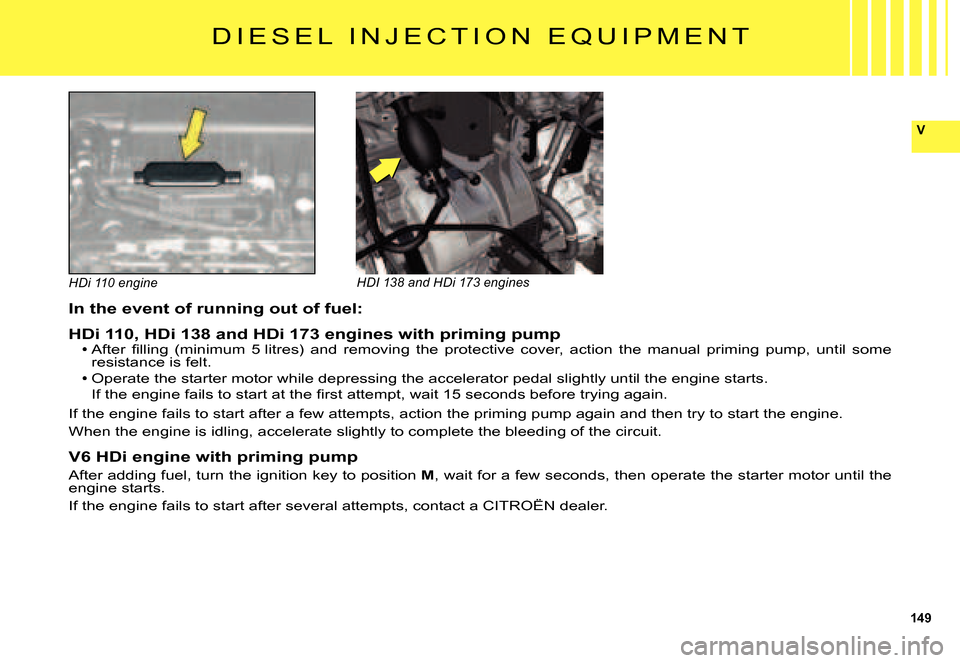 Citroen C5 2007.5 (DC/DE) / 1.G User Guide 149
V
D I E S E L   I N J E C T I O N   E Q U I P M E N T
In the event of running out of fuel:
HDi 110, HDi 138 and HDi 173 engines with priming pump�A�f�t�e�r�  �ﬁ� �l�l�i�n�g�  �(�m�i�n�i�m�u�m�  
