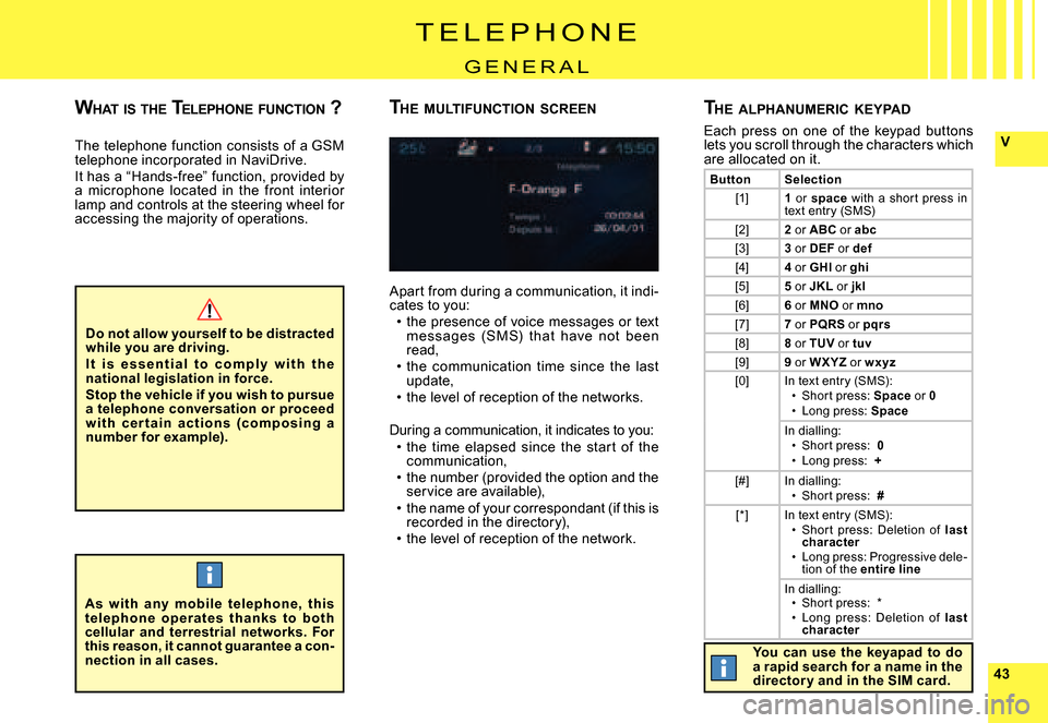 Citroen C5 2007.5 (DC/DE) / 1.G Owners Manual 4343
V
T E L E P H O N E
G E N E R A L
The  telephone  function  consists  of  a GSM telephone incorporated in NaviDrive.It has a “Hands-free” function, provided by a  microphone  located  in  the