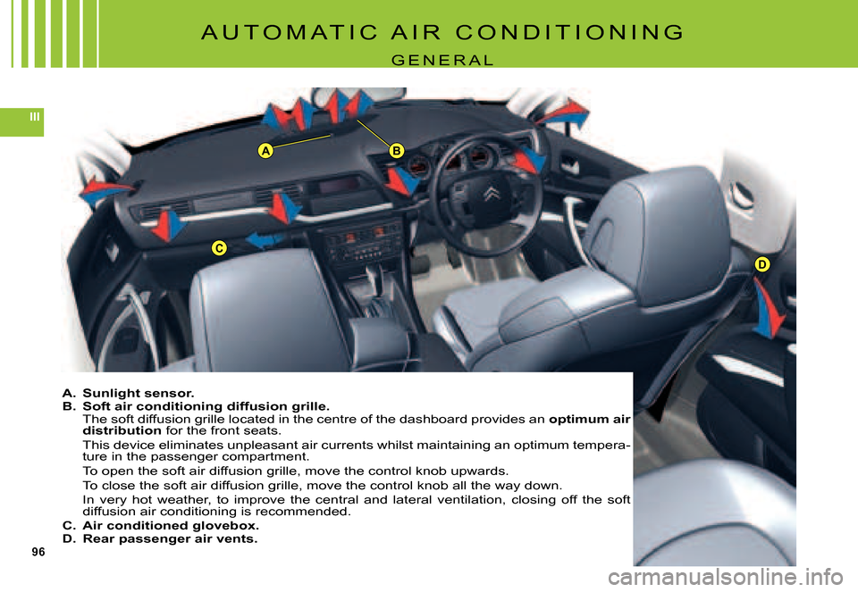 Citroen C5 2007.5 (DC/DE) / 1.G User Guide 96
III
C
AB
D
A U T O M A T I C   A I R   C O N D I T I O N I N G
G E N E R A L
A.  Sunlight sensor.B.  Soft air conditioning diffusion grille.The soft diffusion grille located in the centre of the da