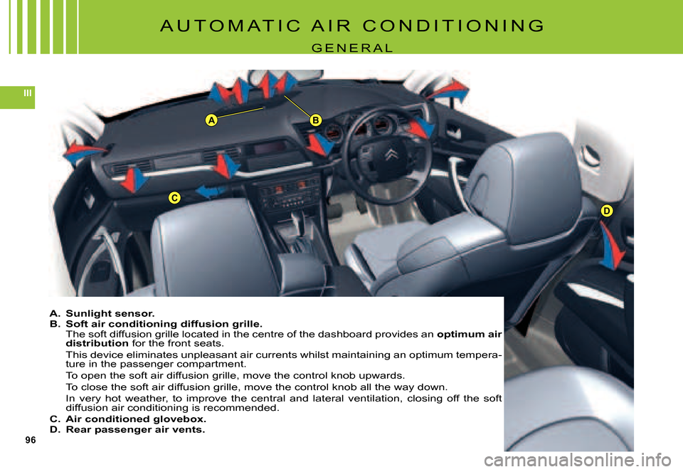 Citroen C5 2007.5 (DC/DE) / 1.G Owners Manual 96
III
C
AB
D
A U T O M A T I C   A I R   C O N D I T I O N I N G
G E N E R A L
A.  Sunlight sensor.B.  Soft air conditioning diffusion grille.The soft diffusion grille located in the centre of the da