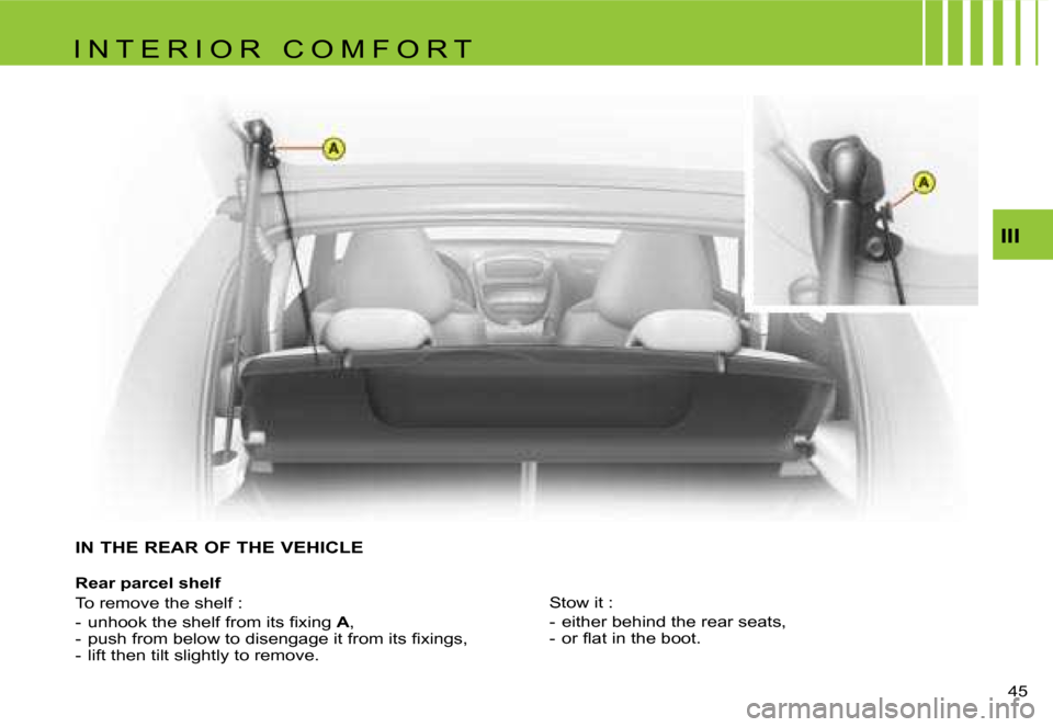 Citroen C1 DAG 2007 1.G Service Manual �I�I�I
�4�5� 
�I�N� �T�H�E� �R�E�A�R� �O�F� �T�H�E� �V�E�H�I�C�L�E
�R�e�a�r� �p�a�r�c�e�l� �s�h�e�l�f 
�T�o� �r�e�m�o�v�e� �t�h�e� �s�h�e�l�f� �: 
�-�  �u�n�h�o�o�k� �t�h�e� �s�h�e�l�f� �f�r�o�m� �i�t