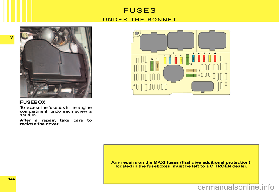 Citroen C6 DAG 2007 1.G Service Manual 144
V
101289
11
12
13
14
7345 6
F U S E S
U N D E R   T H E   B O N N E T
FUSEBOX
To access the fusebox in the engine compartment,  undo  each  screw  a 1/4 turn.
After  a  repair,  take  care  to rec