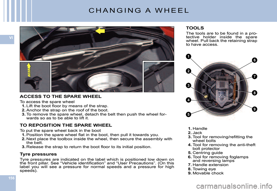 Citroen C6 DAG 2007 1.G Owners Manual 156
VI
4
3
8
9
61
2
5
7
C H A N G I N G   A   W H E E L
ACCESS TO THE SPARE WHEEL
To access the spare wheel1. �L�i�f�t� �t�h�e� �b�o�o�t� �ﬂ� �o�o�r� �b�y� �m�e�a�n�s� �o�f� �t�h�e� �s�t�r�a�p�.2. A