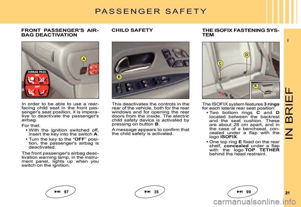 Citroen C6 DAG 2007 1.G User Guide II
2121
D
C
E
B
A
IN BRIEF
FRONT  PASSENGERS  AIR-BAG DEACTIVATIONCHILD SAFETYTHE ISOFIX FASTENING SYS-TEM
In  order  to  be  able  to  use  a  rear-facing  child  seat  in  the  front  pas-sengers 