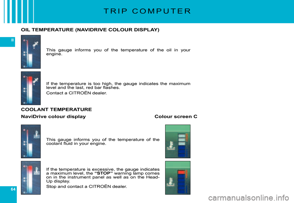 Citroen C6 DAG 2007 1.G Repair Manual 64
II
T R I P   C O M P U T E R
This  gauge  informs  you  of  the  temperature  of  the  oil  in  your engine.
OIL TEMPERATURE (NAVIDRIVE COLOUR DISPLAY)
If  the  temperature  is  too  high,  the  ga
