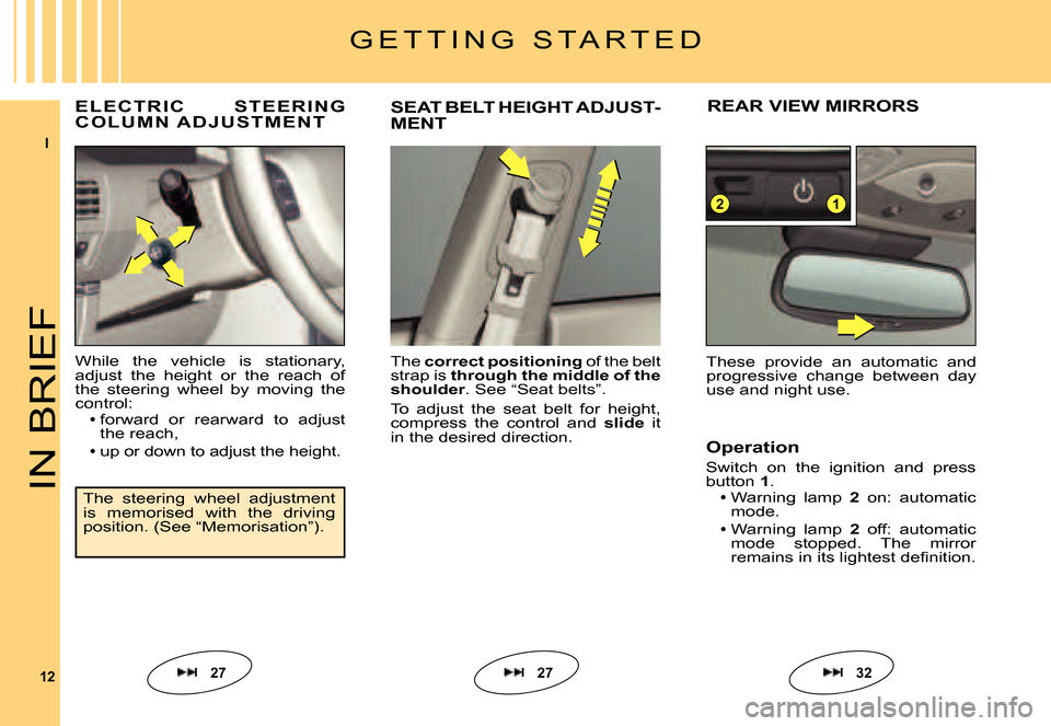 Citroen C6 DAG 2007 1.G Owners Manual I
12
12
IN BRIEF
While  the  vehicle  is  stationary, adjust  the  height  or  the  reach  of the  steering  wheel  by  moving  the control:forward  or  rearward  to  adjust the reach,
up or down to a