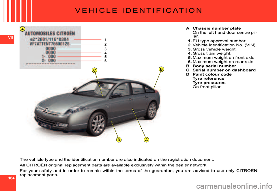 Citroen C6 2007 1.G Owners Manual 164
VII
BC
12345
A
AD
V E H I C L E   I D E N T I F I C A T I O N
A  Chassis number plateOn the left hand door centre pil-lar.
1. EU type approval number.2. �V�e�h�i�c�l�e� �i�d�e�n�t�i�ﬁ� �c�a�t�i�