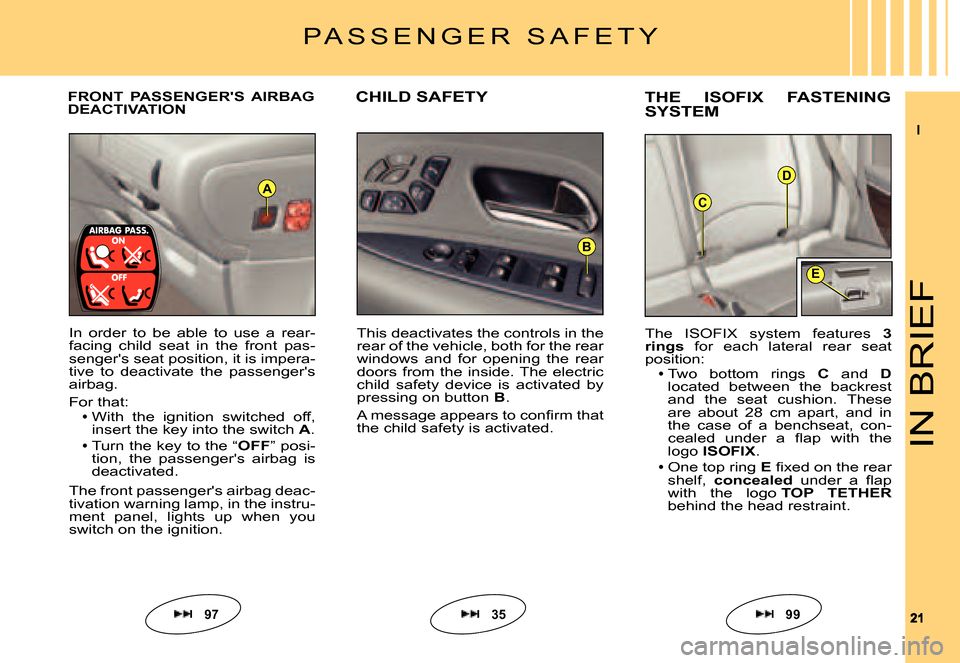 Citroen C6 2007 1.G Owners Manual II
2121
D
C
E
B
A
IN BRIEF
FRONT  PASSENGERS  AIRBAG DEACTIVATIONCHILD SAFETYTHE  ISOFIX  FASTENING SYSTEM
In  order  to  be  able  to  use  a  rear-facing  child  seat  in  the  front  pas-sengers 