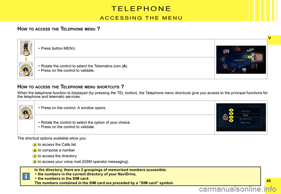 Citroen C6 2007 1.G Owners Manual 4545
V
A
B
C
D
A
BC
A
D
T E L E P H O N E
A C C E S S I N G T H E M E N U
HOW TO ACCESS THE TELEPHONE MENU ?
HOW TO ACCESS THE TELEPHONE MENU SHORTCUTS ?
The shortcut options availabl Citroen C6 2007 1.G Owners Manual 4545
V
A
B
C
D
A
BC
A
D
T E L E P H O N E
A C C E S S I N G T H E M E N U
HOW TO ACCESS THE TELEPHONE MENU ?
HOW TO ACCESS THE TELEPHONE MENU SHORTCUTS ?
The shortcut options availabl