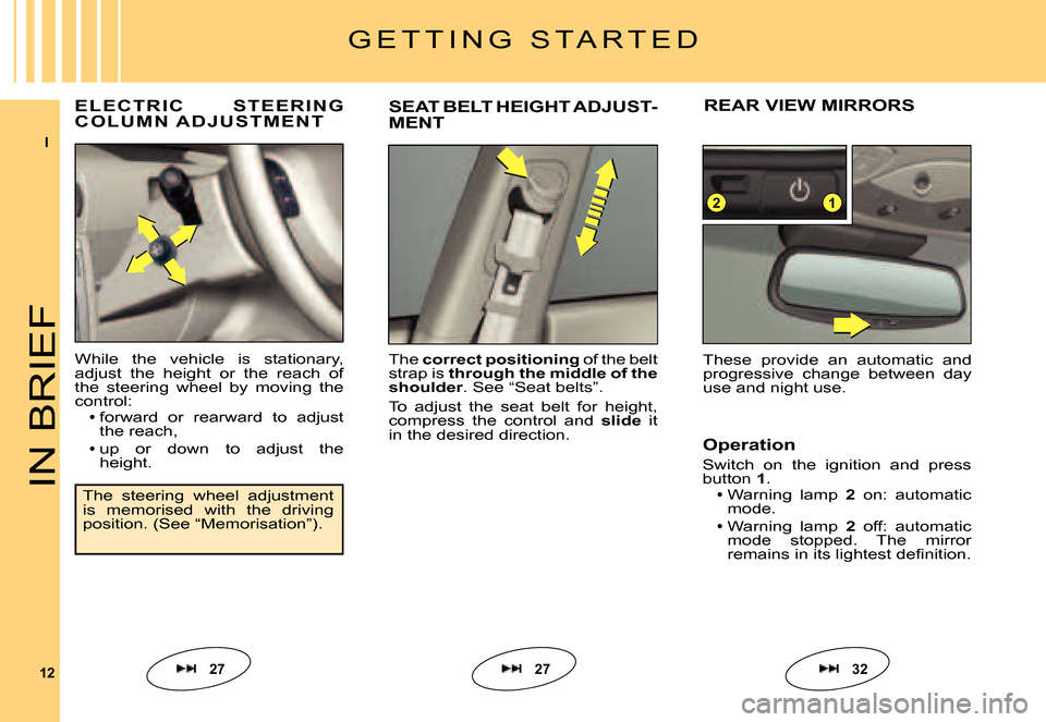 Citroen C6 2007 1.G Owners Manual I
12
12
IN BRIEF
While  the  vehicle  is  stationary, adjust  the  height  or  the  reach  of the  steering  wheel  by  moving  the control:forward  or  rearward  to  adjust the reach,
up  or  down  t