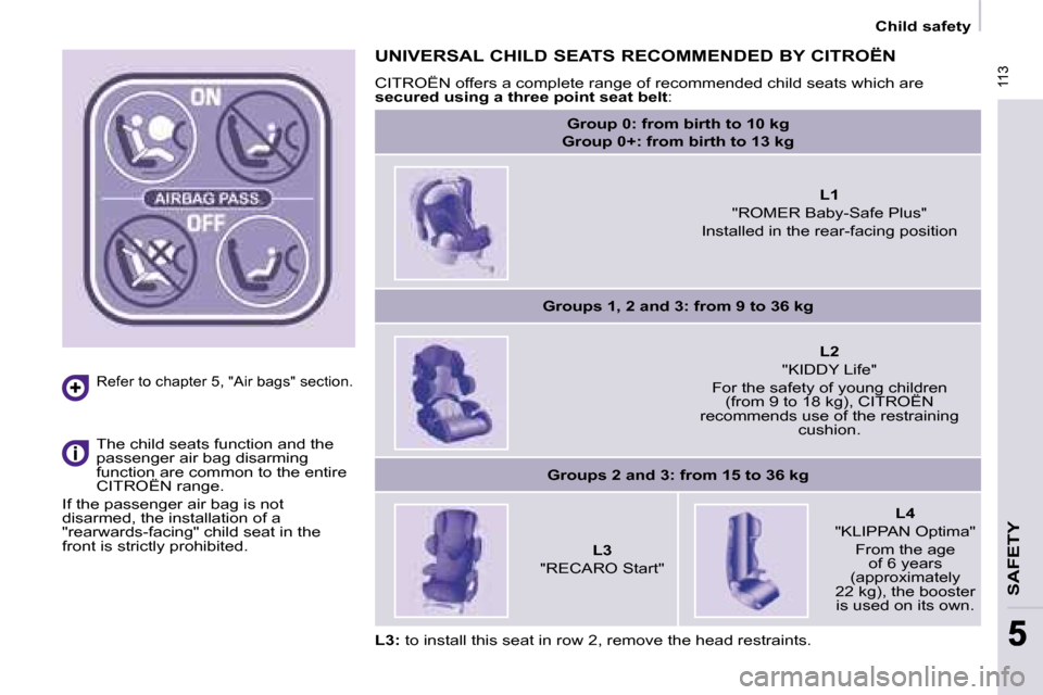 Citroen BERLINGO DAG 2008.5 2.G Owners Manual  113
SAFETY
 113
55
   Child safety   
  Refer to chapter 5, "Air bags" section.  
   The child seats function and the  
passenger air bag disarming 
function are common to the entire 
 CITROËN  rang