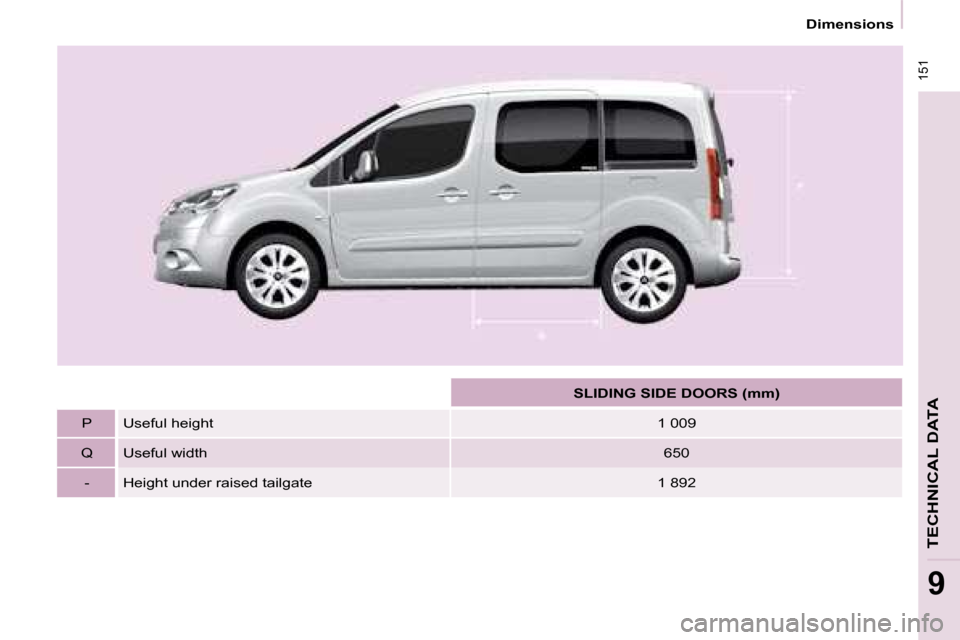 Citroen BERLINGO DAG 2008.5 2.G Owners Manual  151
 Dimensions 
TECHNICAL DATA
9
       
SLIDING SIDE DOORS (mm)    
  P    Useful height    1 009  
  Q    Useful width    650  
  -    Height under raised tailgate    1 892    