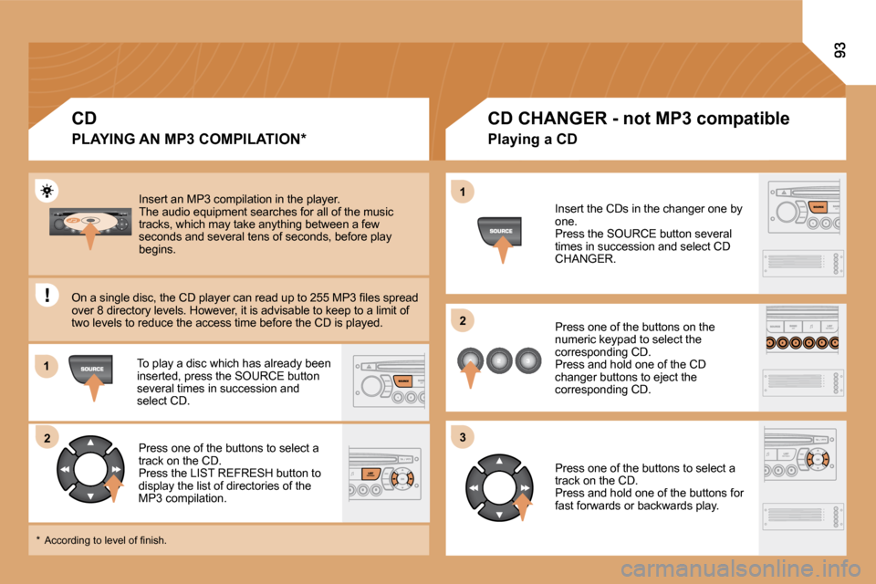 Citroen BERLINGO DAG 2008.5 2.G Owners Manual �1�1
�2�2
�1�1
�2�2
33
 Insert an MP3 compilation in the player.  The audio equipment searches for all of the music �t�r�a�c�k�s�,� �w�h�i�c�h� �m�a�y� �t�a�k�e� �a�n�y�t�h�i�n�g� �b�e�t�w�e�e�n� �a� 