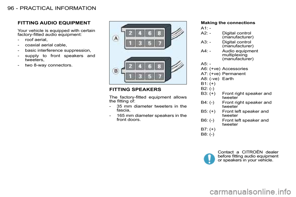 Citroen BERLINGO FIRST RHD 2008.5 1.G Owners Manual PRACTICAL INFORMATION96 -  Making the connections  
 A1: -  
 A2: -    Digital control �(�m�a�n�u�f�a�c�t�u�r�e�r�)� 
 A3: -    Digital control  �(�m�a�n�u�f�a�c�t�u�r�e�r�)� 
� �A�4�:� �-� �  � �A�u�