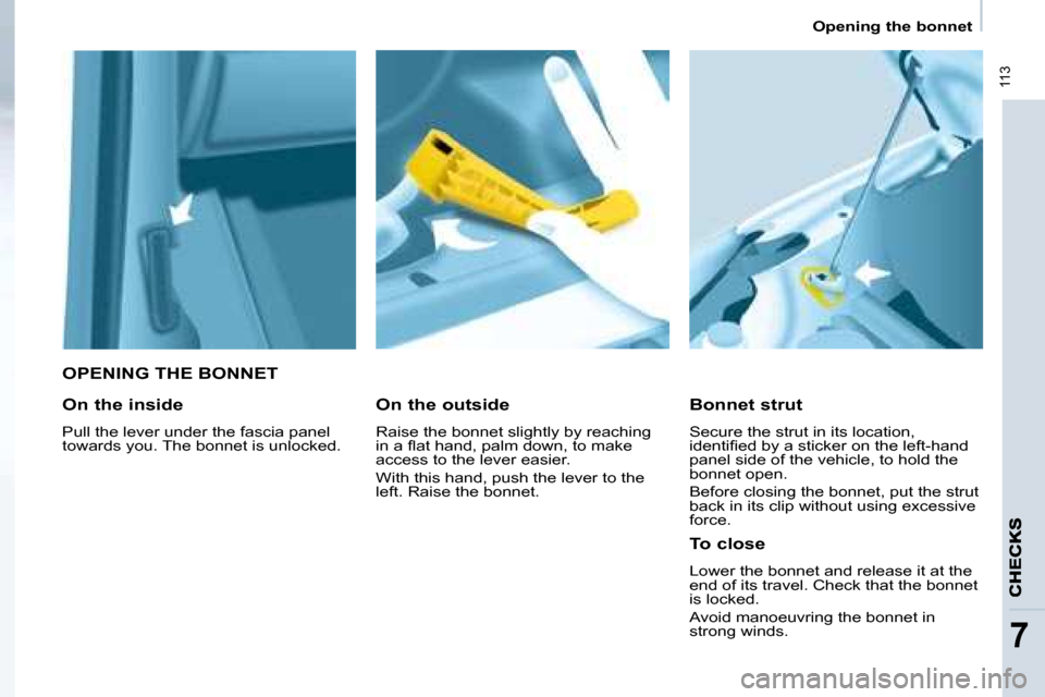 Citroen BERLINGO 2008.5 2.G Owners Manual  113
   Opening the bonnet   
7
   OPENING THE BONNET 
  Bonnet strut  
 Secure the strut in its location,  
�i�d�e�n�t�i�ﬁ� �e�d� �b�y� �a� �s�t�i�c�k�e�r� �o�n� �t�h�e� �l�e�f�t�-�h�a�n�d� 
�p�a�n