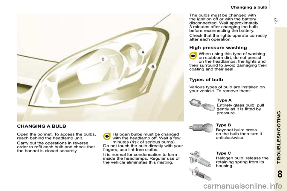 Citroen BERLINGO 2008.5 2.G Owners Manual  127
TROUBLESHOOTING
8
   Changing a bulb   
 CHANGING A BULB   
Type B   
� �B�a�y�o�n�e�t� �b�u�l�b�:� �p�r�e�s�s�  
on the bulb then turn it 
�a�n�t�i�c�l�o�c�k�w�i�s�e�.�    
Type A   
� �E�n�t�i�