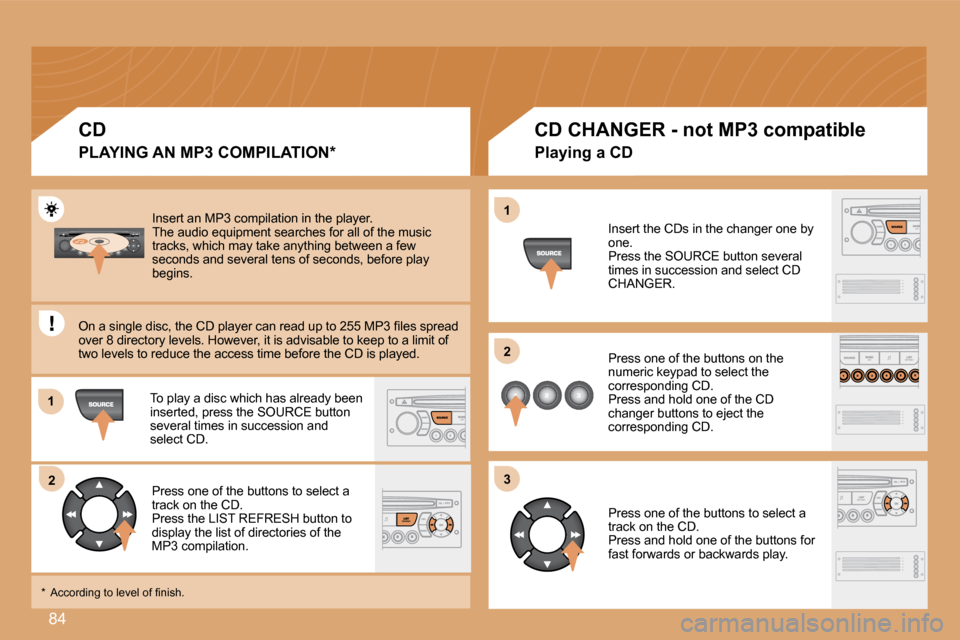 Citroen BERLINGO 2008.5 2.G Owners Manual 84
�1�1
�2�2
�1�1
�2�2
33
 Insert an MP3 compilation in the player.  The audio equipment searches for all of the music �t�r�a�c�k�s�,� �w�h�i�c�h� �m�a�y� �t�a�k�e� �a�n�y�t�h�i�n�g� �b�e�t�w�e�e�n� �