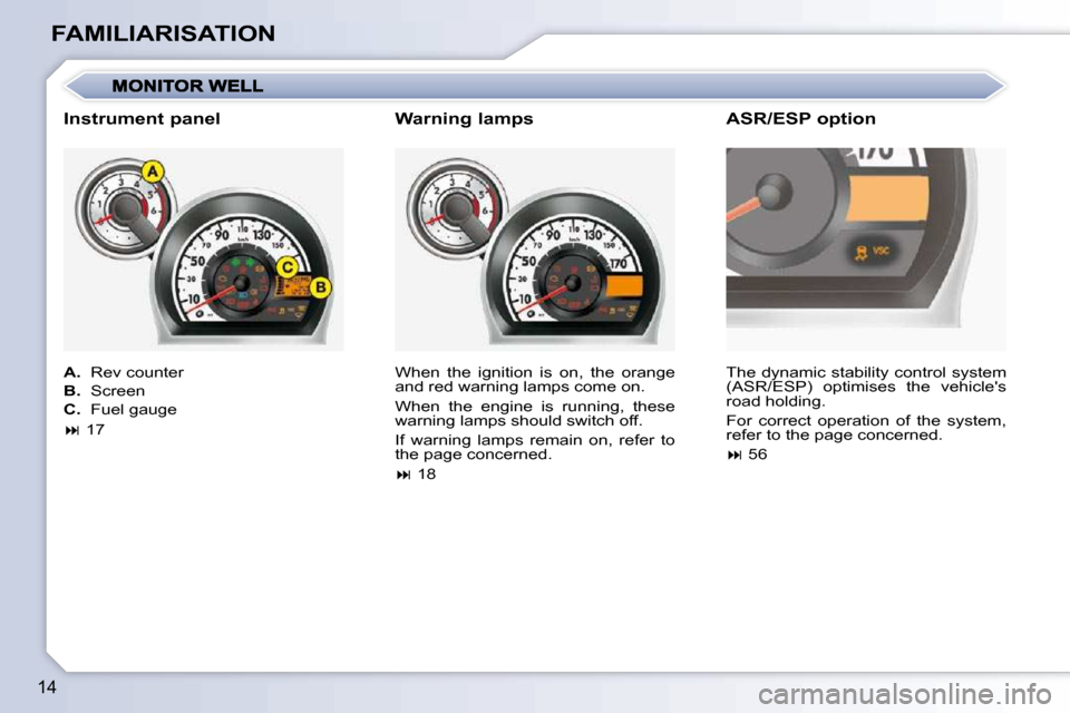 Citroen C1 DAG 2008.5 1.G User Guide 14
FAMILIARISATION� �W�h�e�n�  �t�h�e�  �i�g�n�i�t�i�o�n�  �i�s�  �o�n�,�  �t�h�e�  �o�r�a�n�g�e�  
and red warning lamps come on.  
� �W�h�e�n�  �t�h�e�  �e�n�g�i�n�e�  �i�s�  �r�u�n�n�i�n�g�,�  �t�h