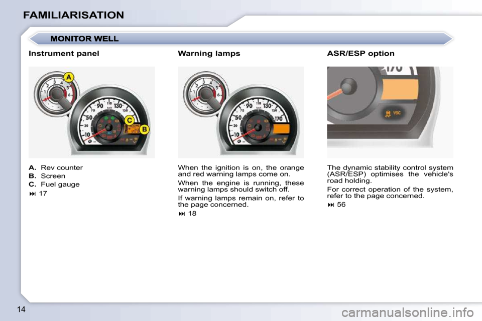 Citroen C1 DAG 2008.5 1.G Owners Manual 14
FAMILIARISATION� �W�h�e�n�  �t�h�e�  �i�g�n�i�t�i�o�n�  �i�s�  �o�n�,�  �t�h�e�  �o�r�a�n�g�e�  
and red warning lamps come on.  
� �W�h�e�n�  �t�h�e�  �e�n�g�i�n�e�  �i�s�  �r�u�n�n�i�n�g�,�  �t�h