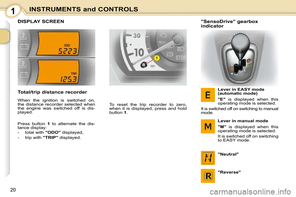 Citroen C1 DAG 2008.5 1.G User Guide 1
20
INSTRUMENTS and CONTROLS
         DISPLAY SCREEN 
 To  reset  the  trip  recorder  to  zero,  
when  it  is  displayed,  press  and  hold 
button  1 .     "SensoDrive" gearbox  
indicator 
  Leve