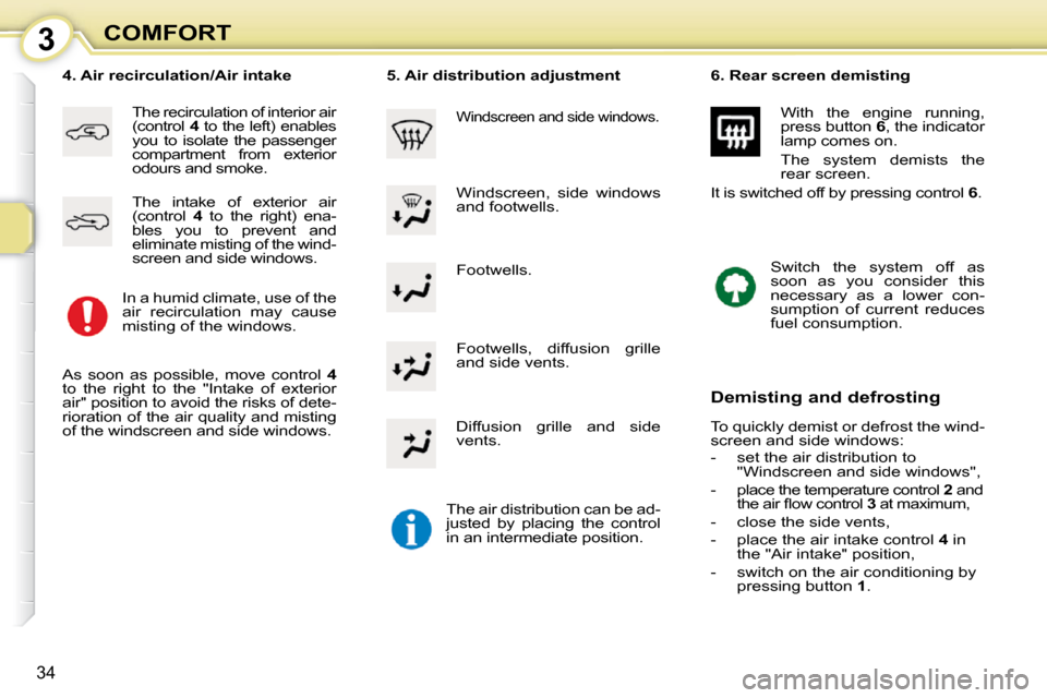 Citroen C1 DAG 2008.5 1.G Owners Guide 3
34
COMFORT Footwells. 
� � �4�.� �A�i�r� �r�e�c�i�r�c�u�l�a�t�i�o�n�/�A�i�r� �i�n�t�a�k�e� 
 The recirculation of interior air  
(control  4  to the left) enables 
you  to  isolate  the  passenger 
