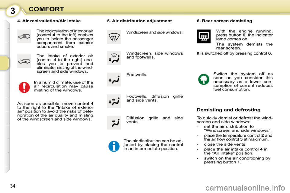 Citroen C1 DAG 2008.5 1.G Owners Manual 3
34
COMFORT Footwells. 
� � �4�.� �A�i�r� �r�e�c�i�r�c�u�l�a�t�i�o�n�/�A�i�r� �i�n�t�a�k�e� 
 The recirculation of interior air  
(control  4  to the left) enables 
you  to  isolate  the  passenger 
