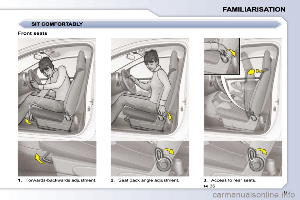 Citroen C1 DAG 2008.5 1.G Owners Manual 9
   
1.    Forwards-backwards adjustment.     2.   Seat back angle adjustment.     3.   Access to rear seats.  
   
��   36   
  Front seats              