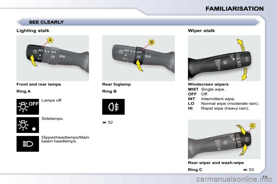 Citroen C1 DAG 2008.5 1.G Owners Manual 11
  Lighting stalk  
  Front and rear lamps  
 Ring A  Lamps off.  
 Sidelamps.  
 Dipped headlamps/Main  
beam headlamps.     Rear foglamp  
 Ring B  
   
��   52       Wiper stalk  
  Windscreen