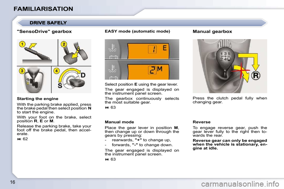 Citroen C1 2008.5 1.G Owners Manual 16
FAMILIARISATION  "SensoDrive" gearbox  
  Starting the engine  
� �W�i�t�h� �t�h�e� �p�a�r�k�i�n�g� �b�r�a�k�e� �a�p�p�l�i�e�d�,� �p�r�e�s�s�  
the brake pedal then select position   N  
to start t