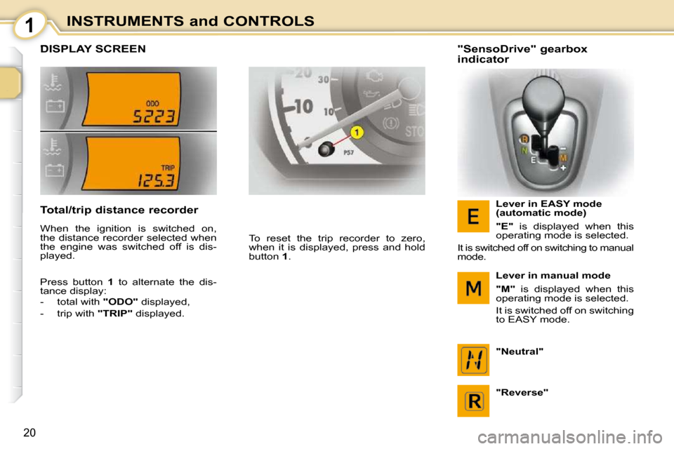 Citroen C1 2008.5 1.G User Guide 1
20
INSTRUMENTS and CONTROLS
         DISPLAY SCREEN 
 To  reset  the  trip  recorder  to  zero,  
when  it  is  displayed,  press  and  hold 
button  1 .     "SensoDrive" gearbox  
indicator 
  Leve