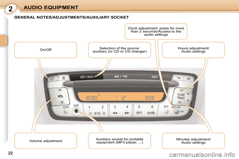 Citroen C1 2008.5 1.G Owners Manual 2
22
AUDIO EQUIPMENT
           GENERAL NOTES/ADJUSTMENTS/AUXILIARY SOCKET 
 On/Off  Selection of the source: 
auxiliary (or CD or CD changer)   Clock adjustment: press for more 
than 2 seconds/Access