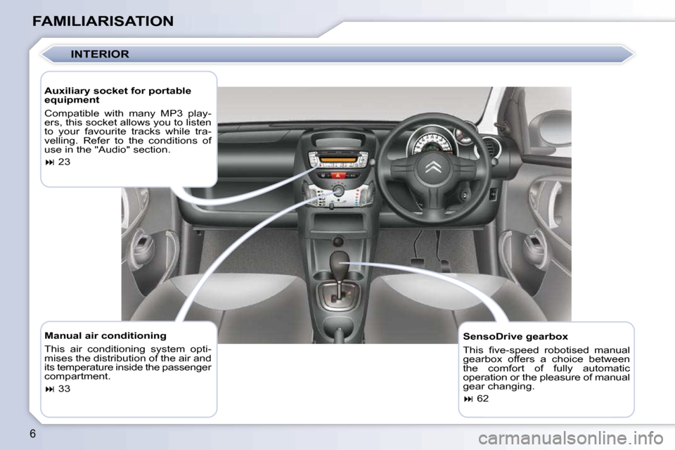 Citroen C1 2008.5 1.G Owners Manual 6
FAMILIARISATION  Manual air conditioning  
� �T�h�i�s�  �a�i�r�  �c�o�n�d�i�t�i�o�n�i�n�g�  �s�y�s�t�e�m�  �o�p�t�i�- 
mises the distribution of the air and 
its temperature inside the passenger 
co