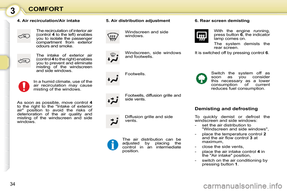 Citroen C1 2008.5 1.G User Guide 3
34
COMFORT Footwells. 
� � �4�.� �A�i�r� �r�e�c�i�r�c�u�l�a�t�i�o�n�/�A�i�r� �i�n�t�a�k�e� 
 The recirculation of interior air  
(control  4  to the left) enables 
you  to  isolate  the  passenger 
