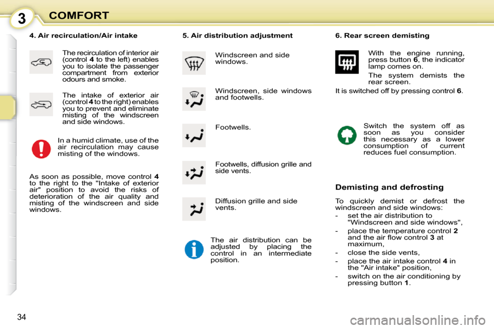 Citroen C1 2008.5 1.G Owners Guide 3
34
COMFORT Footwells. 
� � �4�.� �A�i�r� �r�e�c�i�r�c�u�l�a�t�i�o�n�/�A�i�r� �i�n�t�a�k�e� 
 The recirculation of interior air  
(control  4  to the left) enables 
you  to  isolate  the  passenger 
