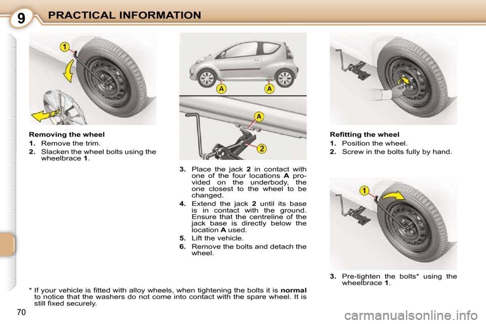 Citroen C1 2008.5 1.G Manual PDF 9
70
PRACTICAL INFORMATION� � �R�e�ﬁ� �t�t�i�n�g� �t�h�e� �w�h�e�e�l�  
   
1.    Position the wheel. 
  
2.    Screw in the bolts fully by hand. 
  Removing the wheel 
   
1.    Remove the trim. 
 