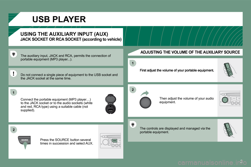 Citroen C3 PICASSO DAG 2008.5 1.G Owners Manual �3
11
22
22
11
 Then adjust the volume of your audio equipment. 
� �T�h�e� �a�u�x�i�l�i�a�r�y� �i�n�p�u�t�,� �J�A�C�K� �a�n�d� �R�C�A�,� �p�e�r�m�i�t�s� �t�h�e� �c�o�n�n�e�c�t�i�o�n� �o�f� �p�o�r�t�a�