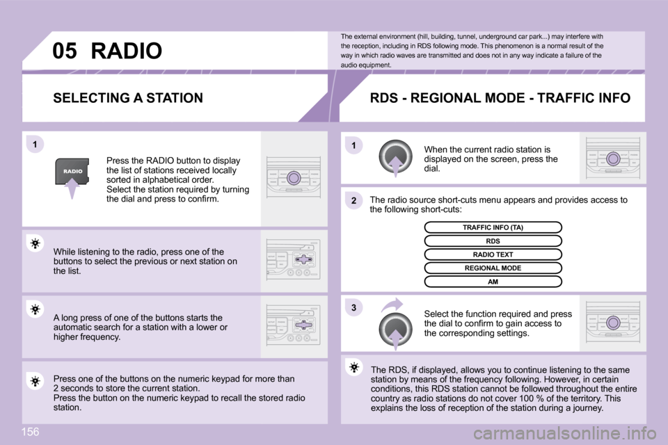 Citroen C3 PICASSO 2008.5 1.G Owners Manual 156
�0�5
�3
�2
�1
�1
� � �S�E�L�E�C�T�I�N�G� �A� �S�T�A�T�I�O�N� 
 When the current radio station is displayed on the screen, press the dial. 
 The radio source short-cuts menu appears and provi
desov