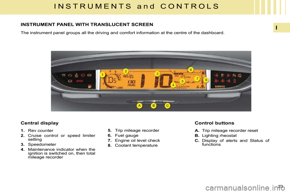 Citroen C4 DAG 2008.5 1.G User Guide 23 
I
I N S T R U M E N T S   a n d   C O N T R O L S
               INSTRUMENT PANEL WITH TRANSLUCENT SCREEN 
 The instrument panel groups all the driving and comfort information at the centre of the